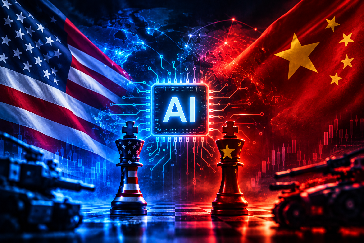Representação da disputa tecnológica entre Estados Unidos e China